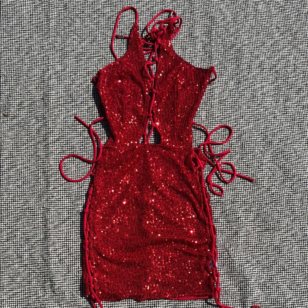 Red Sequin Halter Mini Dress